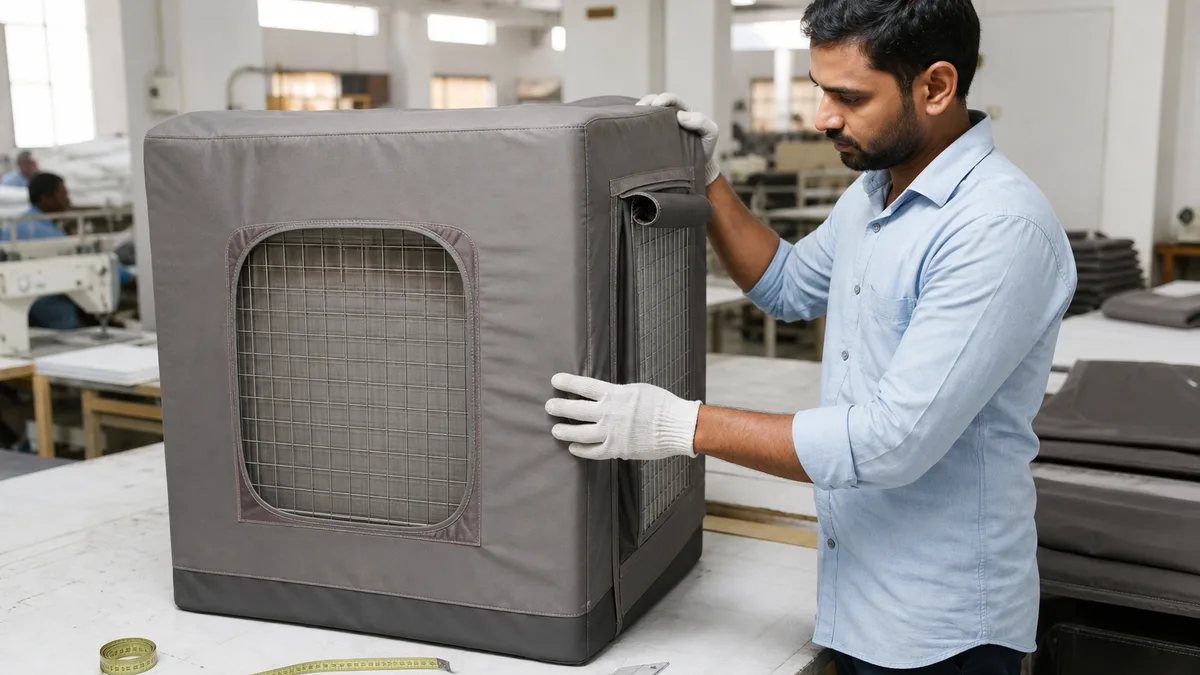 Quality control inspection of cooler cover stitching and dimensions