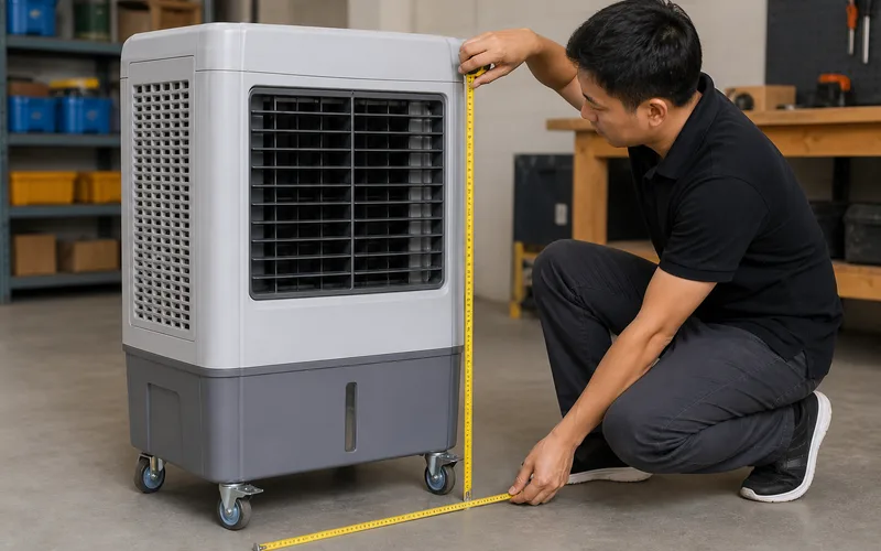 Measuring a portable wheeled evaporative air cooler for a custom cover