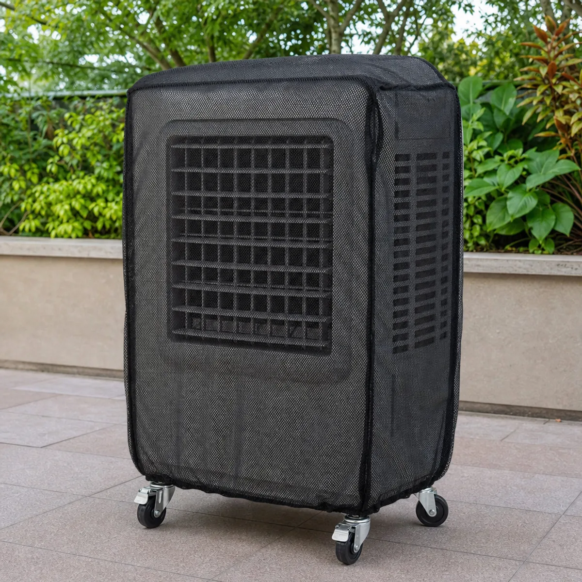 Mesh cover on a portable wheeled evaporative air cooler