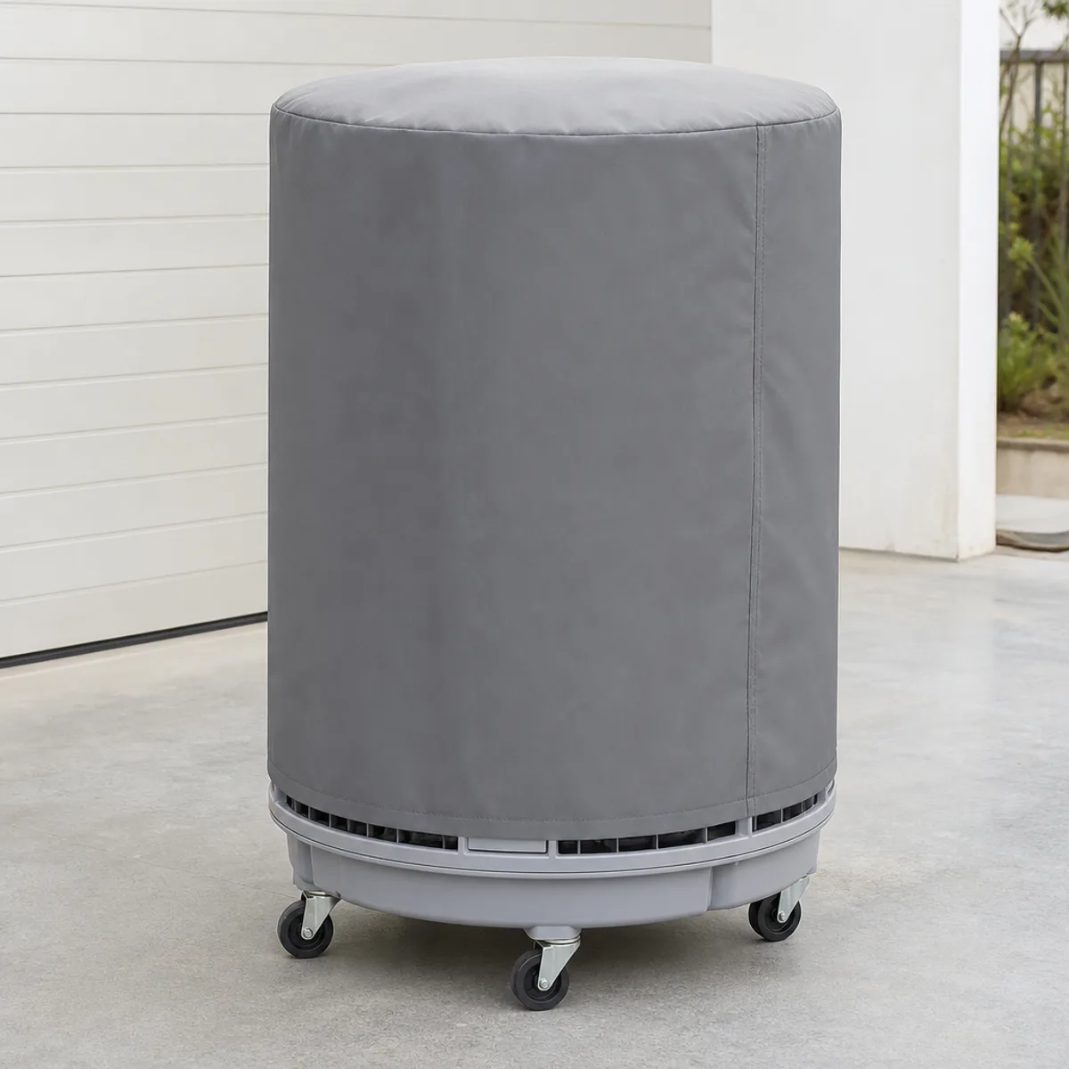 Round cover on a cylindrical portable wheeled evaporative air cooler