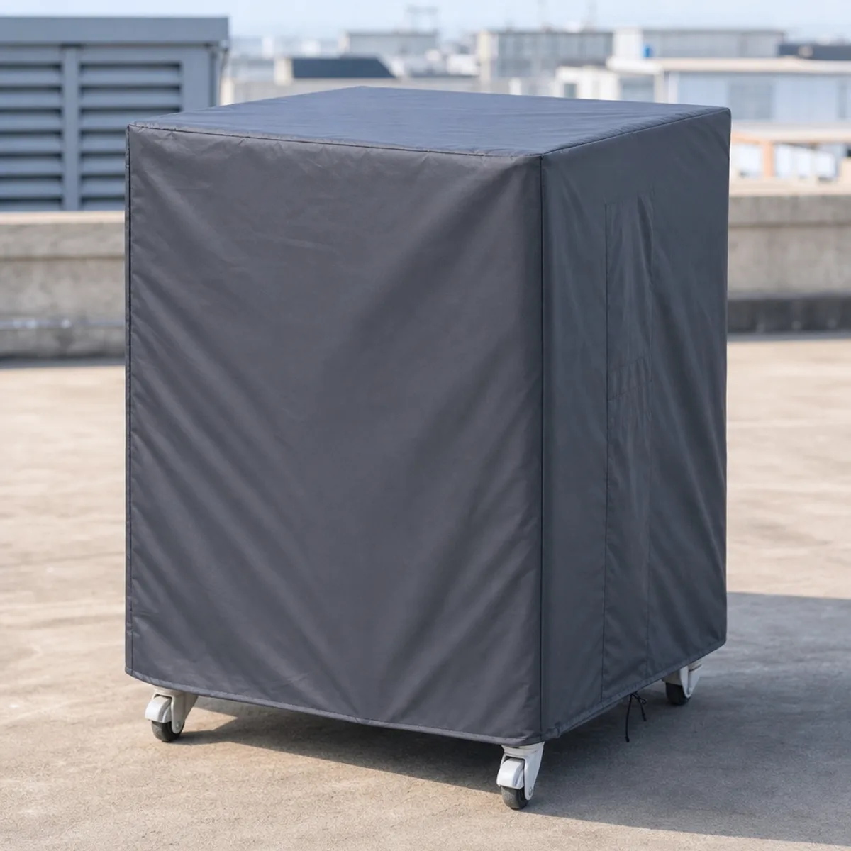 Down-draft cover on a large portable wheeled evaporative air cooler — top discharge