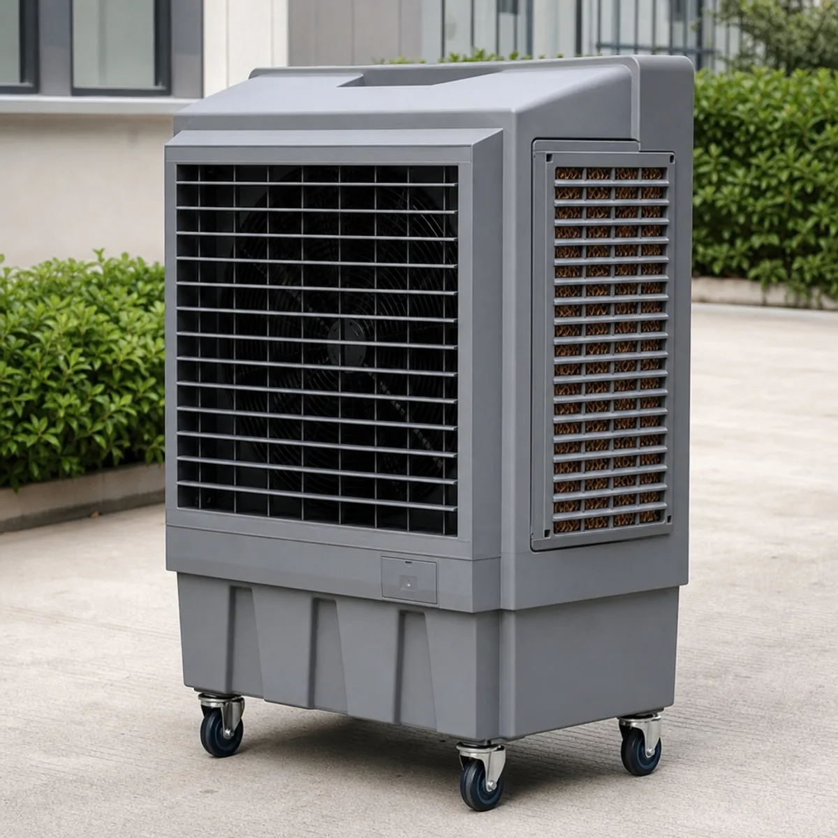 Side-draft cover on a portable wheeled evaporative air cooler — front view
