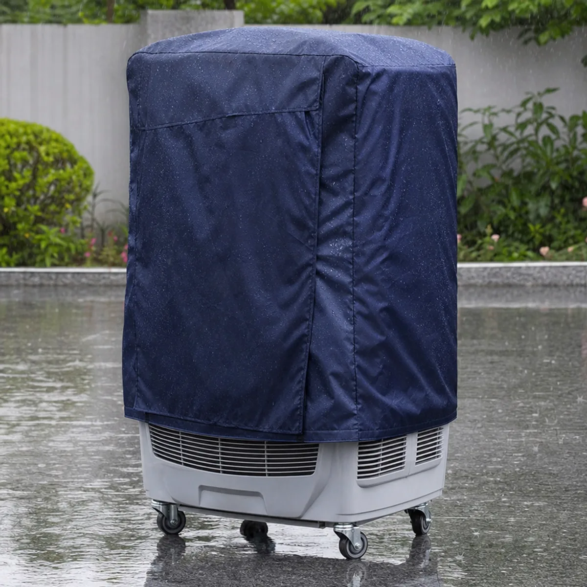 Waterproof cover on a portable wheeled evaporative air cooler outdoors