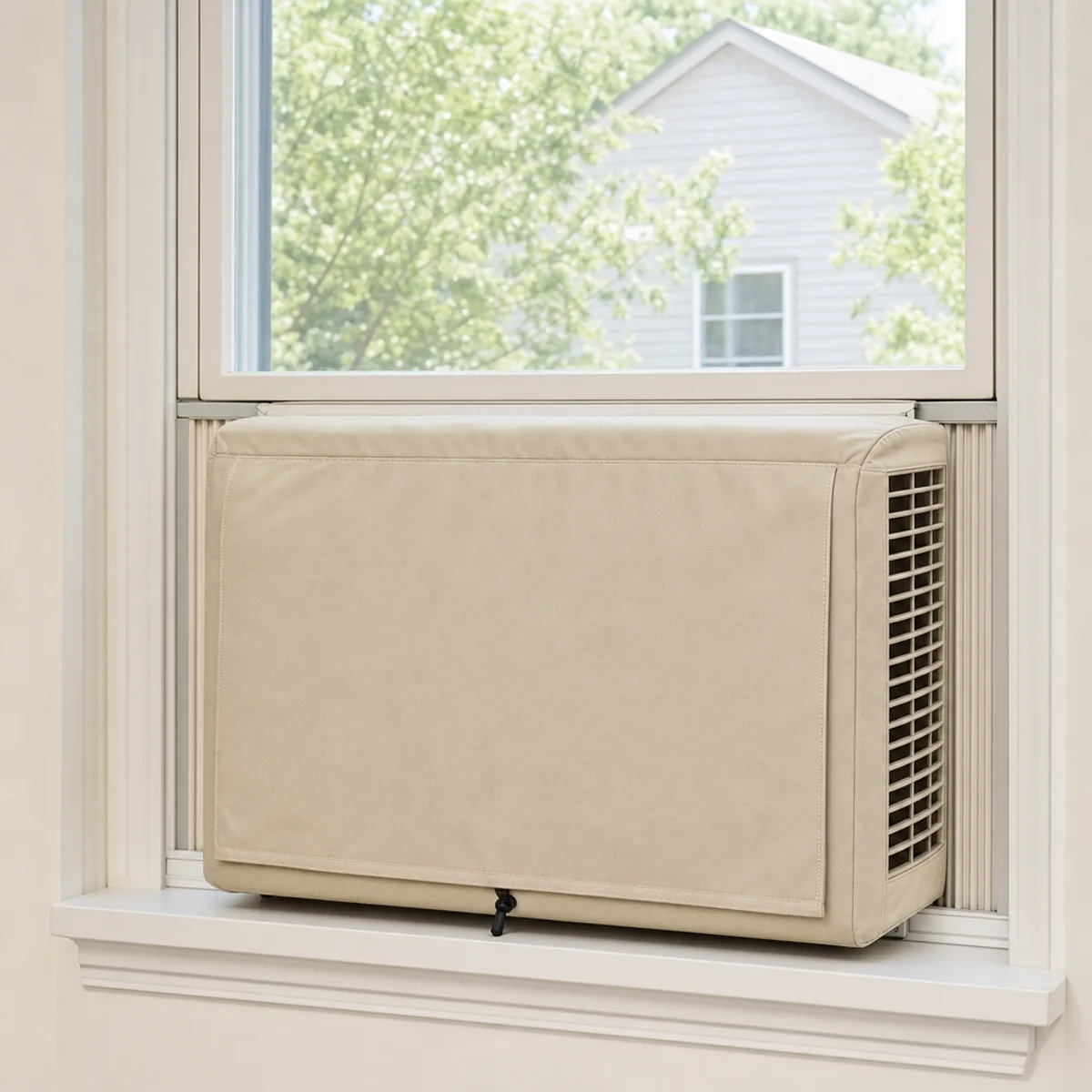 Window unit evaporative cooler cover fitted in residential window frame