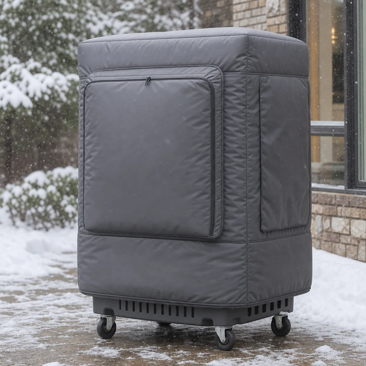 Insulated cover on a portable wheeled evaporative air cooler in winter